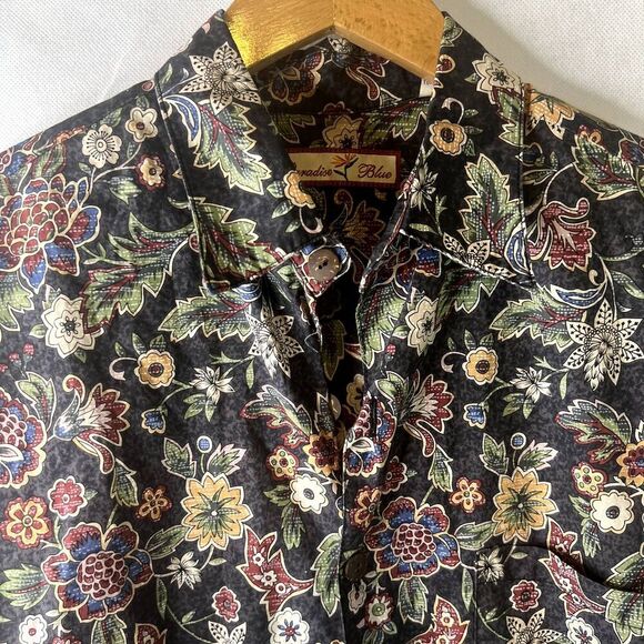 Paradise Blue Men's Floral Print Cotton Button Up Size Large - Picture 3 of 10